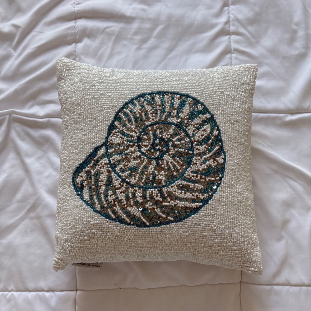 Coastal Collection Beaded Nautilus Seashell Throw Pillow White Luxury Teal 12x12